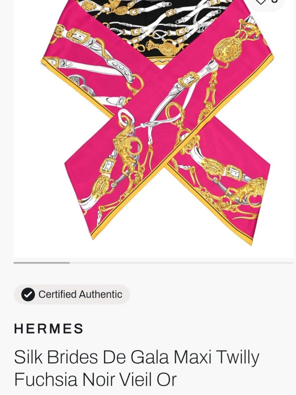 Hermes Silk Brides De Gala Maxi Pink Black Gold Printed Twilly - Picture 2 of 11